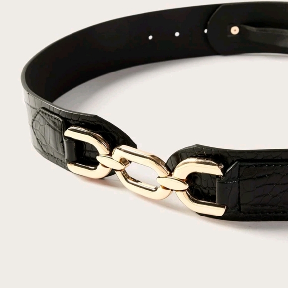 Womens Black Vegan leather elegant corset chunky Gold link boho wide waist belt - Picture 8 of 14